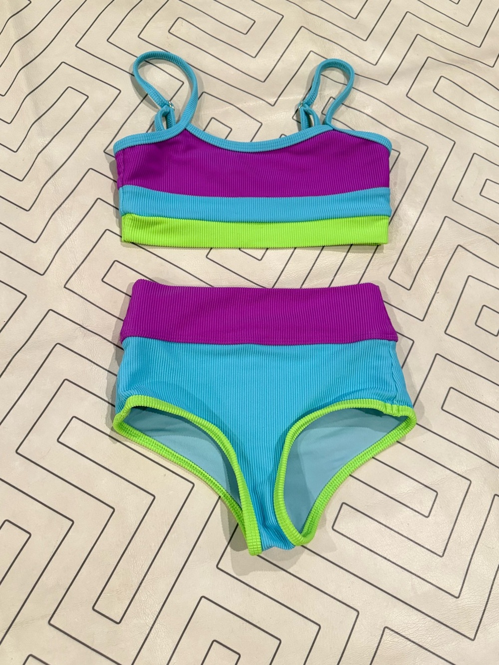 Beach Riot Girls' Colorblock Two-Piece Bikini in Purple, Blue & Lime